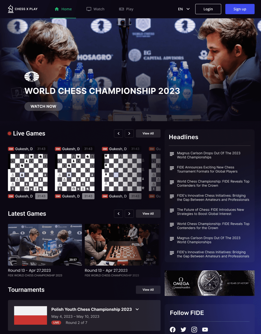 Chess X Play desktop home screen with a World Chess Championship hero, live games carousel, latest game cards, tournament modules, headlines, advertising, and social follow panel