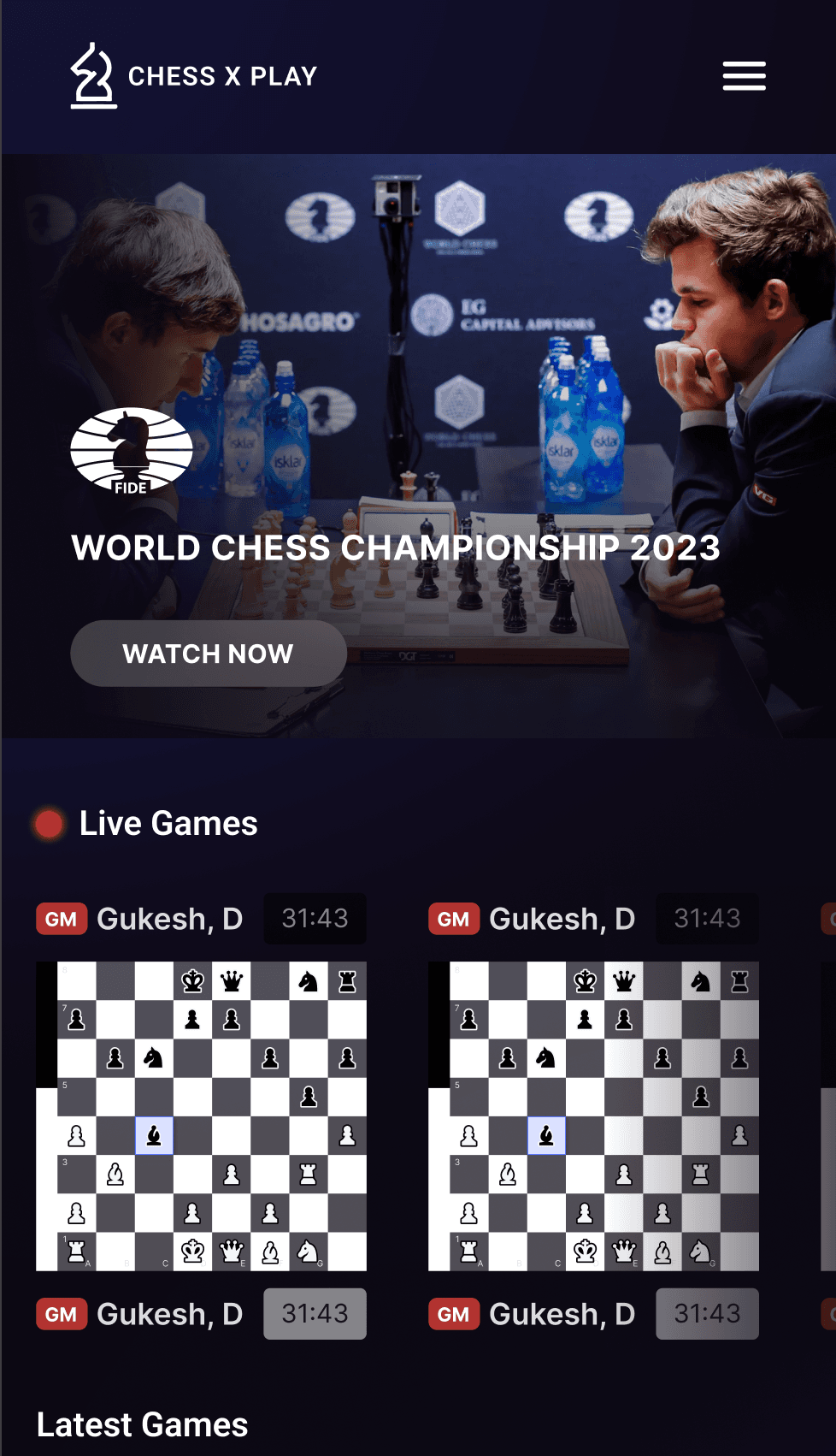 Chess X Play mobile home screen with logo header, championship hero, live game boards, and latest games section