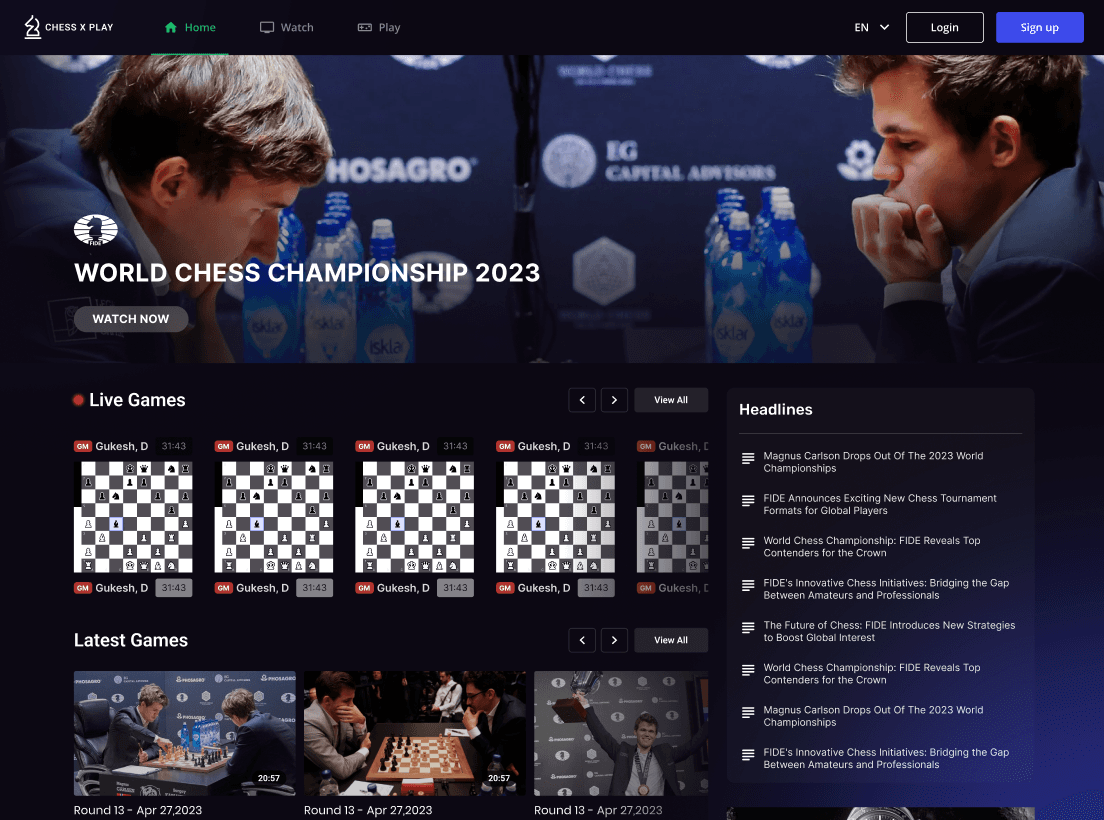 Chess X Play wide desktop home screen showing the World Chess Championship hero, live game boards, latest games, and headlines panel
