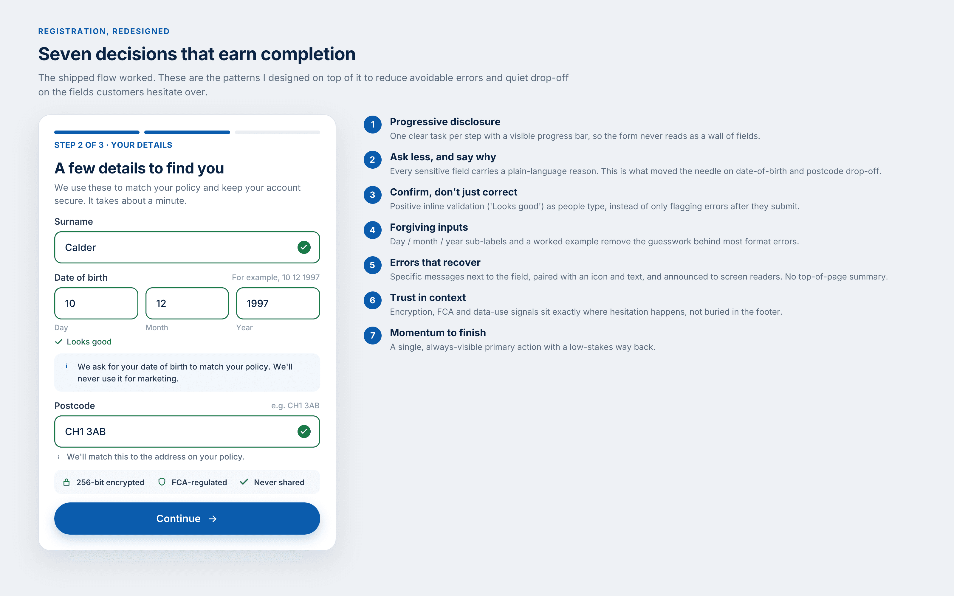 The redesigned registration annotated with seven design principles
