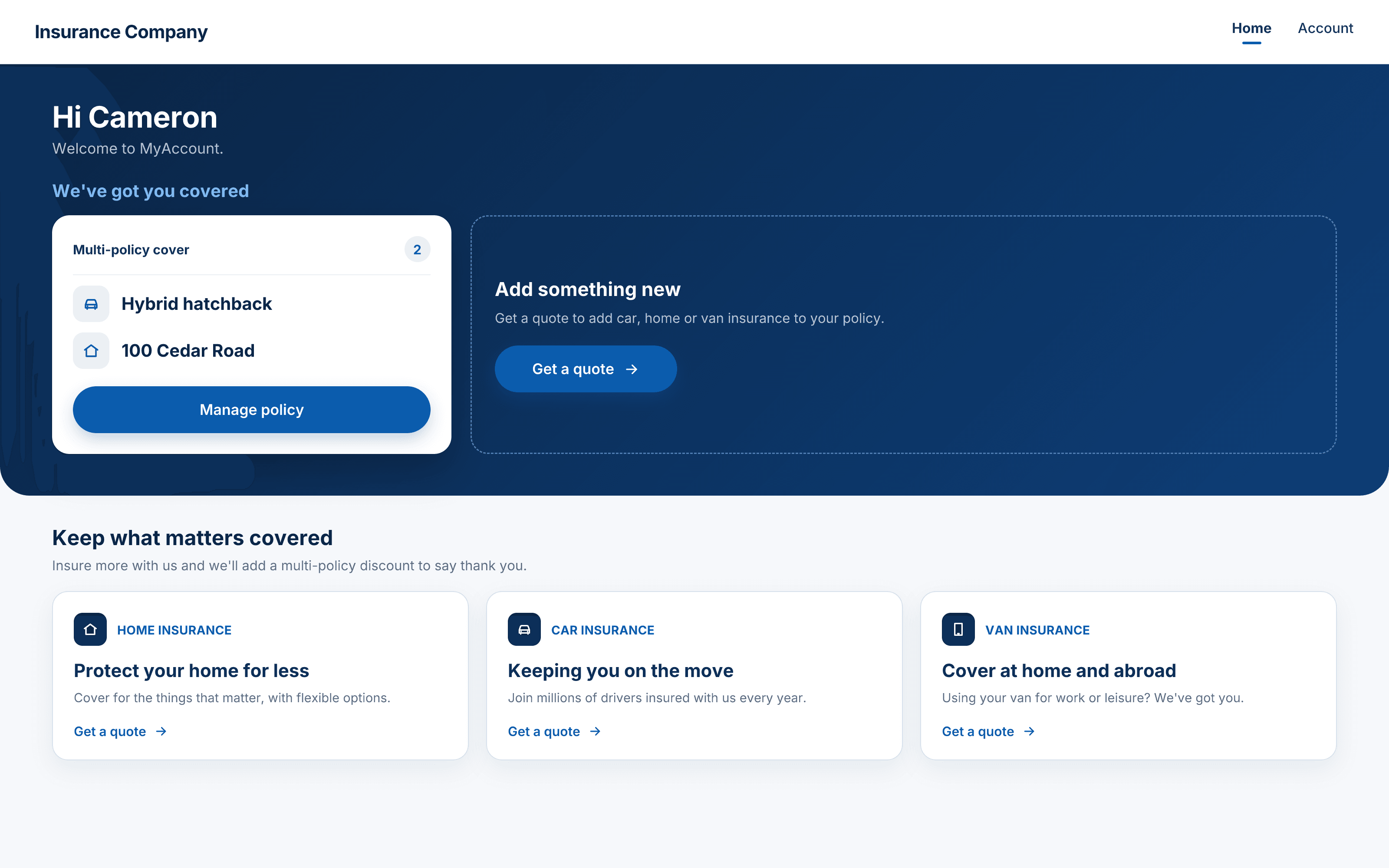 MyAccount home showing a policy card and a get a quote panel