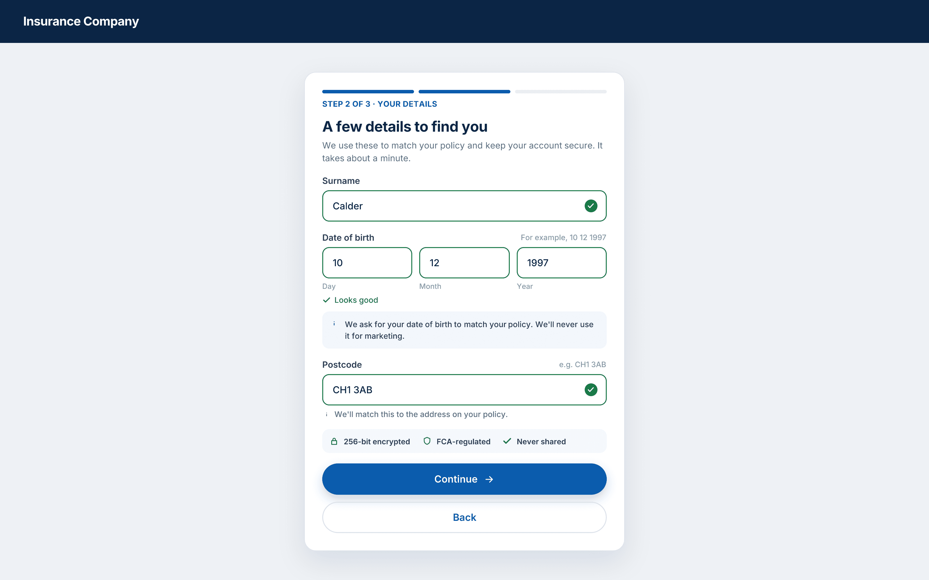 A redesigned registration details step with progress, a sub-labelled date of birth, positive validation, why-we-ask copy and trust markers
