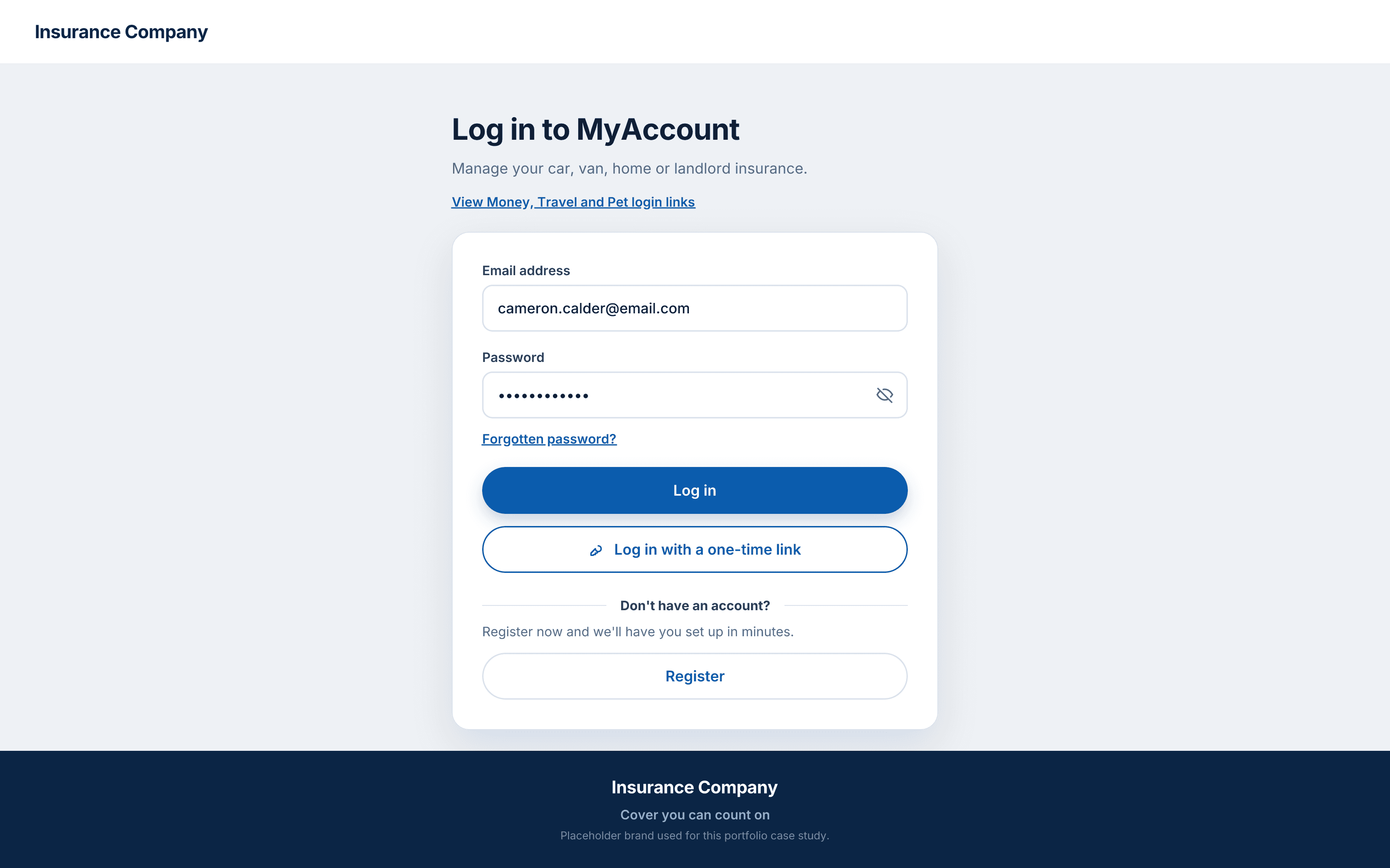 Anonymised MyAccount login screen with email, password and a one-time link option