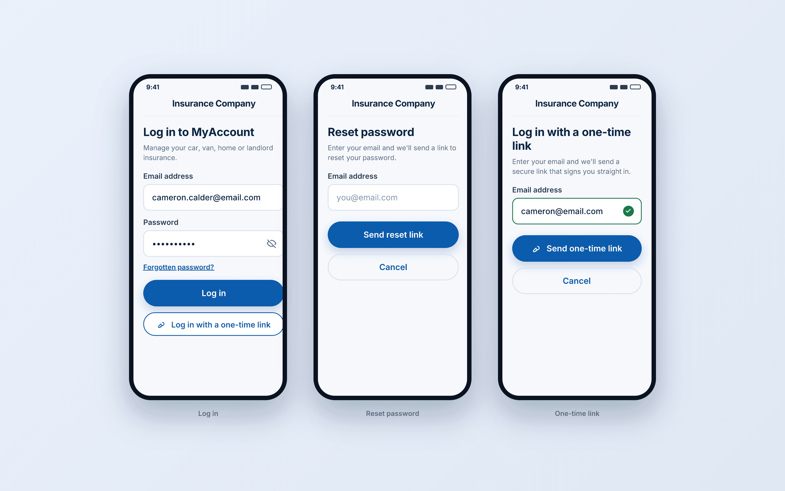 Three mobile screens: login, reset password and one-time link request