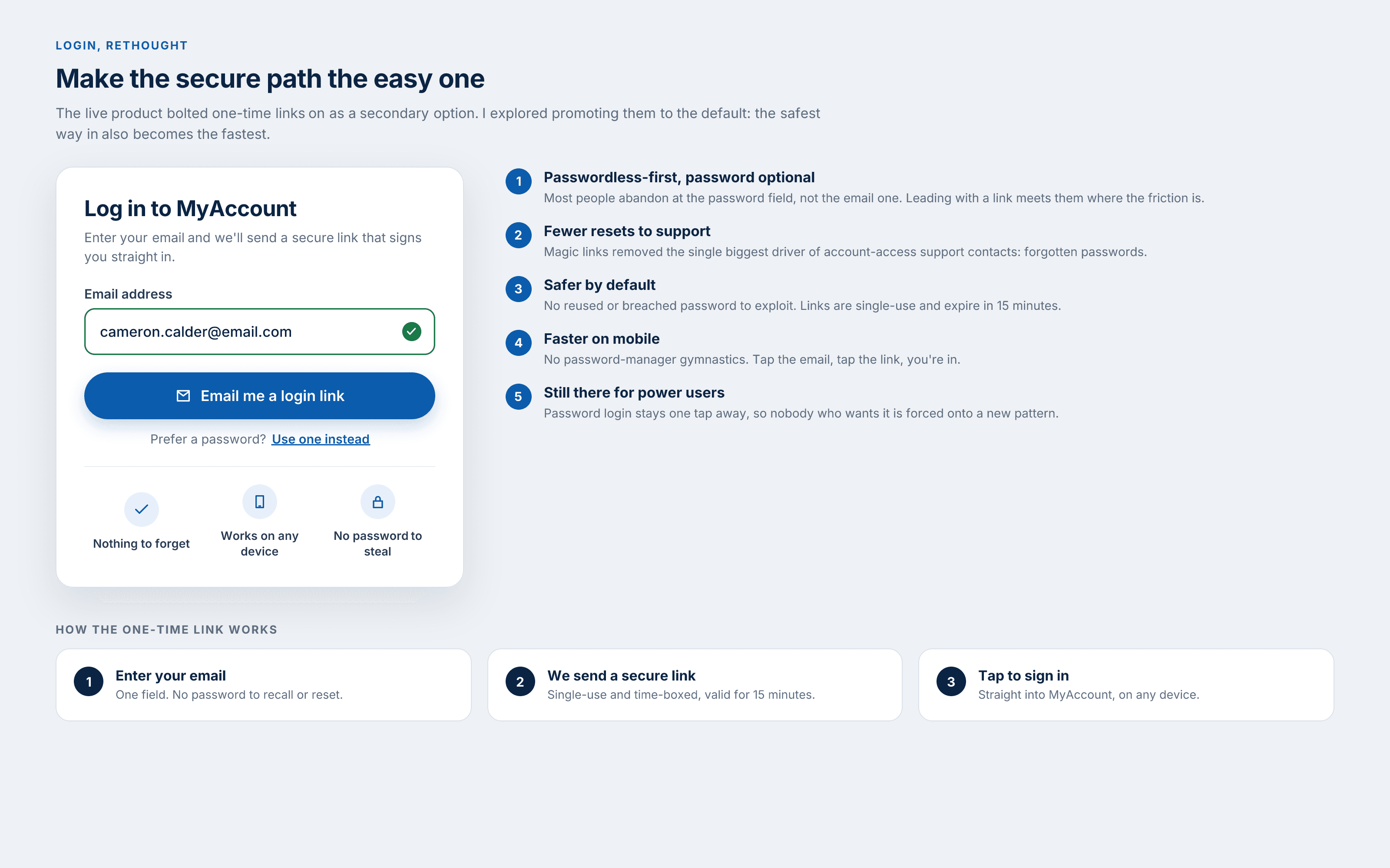 A passwordless-first login concept with rationale and a how-it-works flow