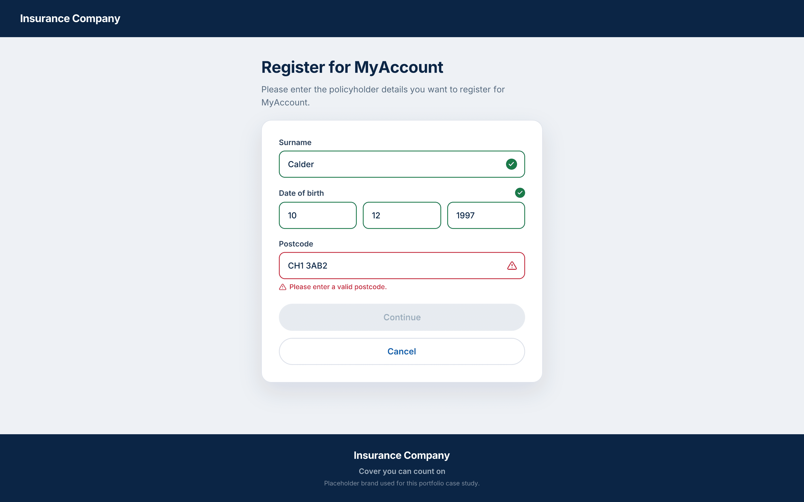 Registration details step showing surname and date of birth valid, and a postcode field with an inline error