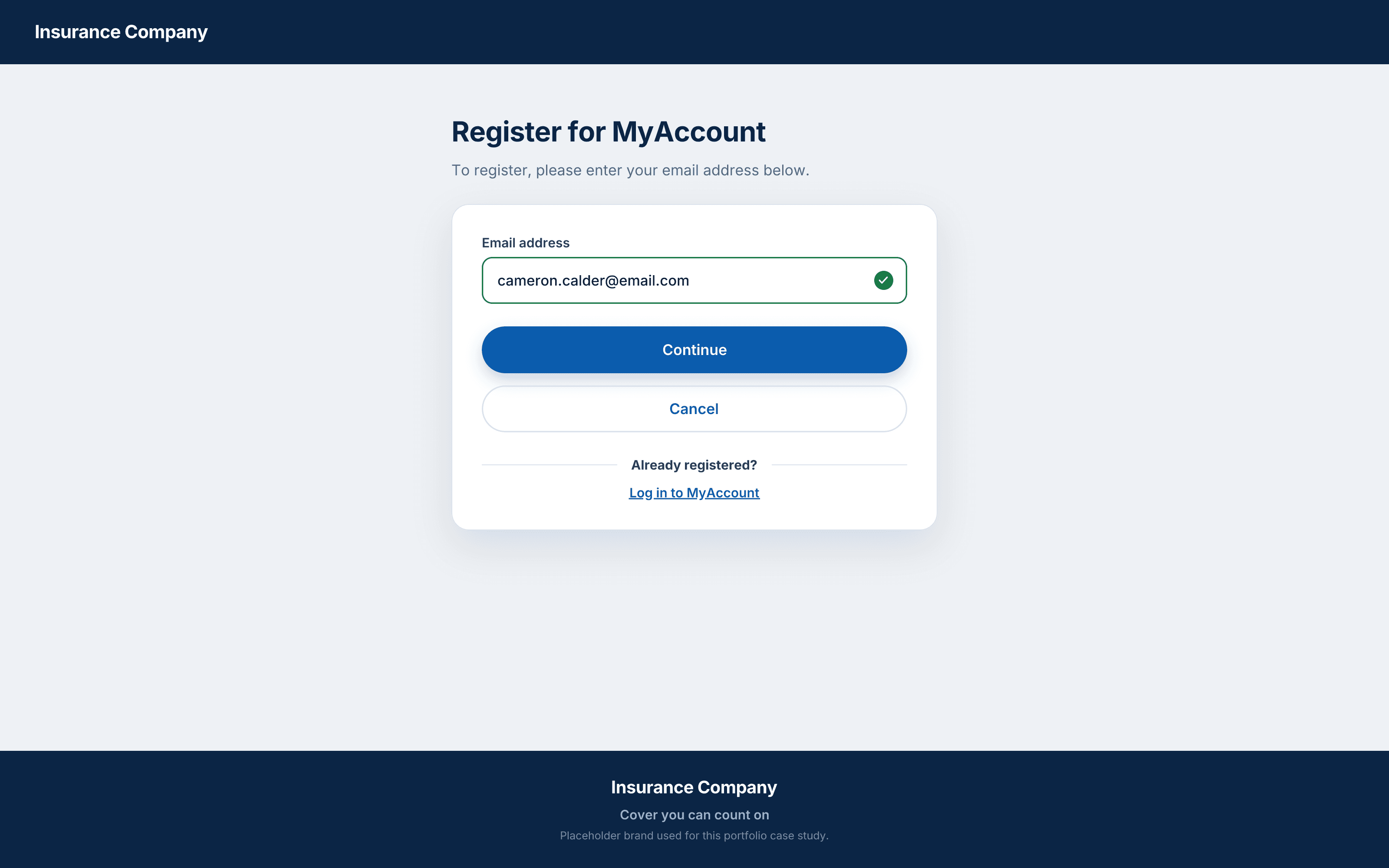 Registration step one, entering an email address with a valid-state tick