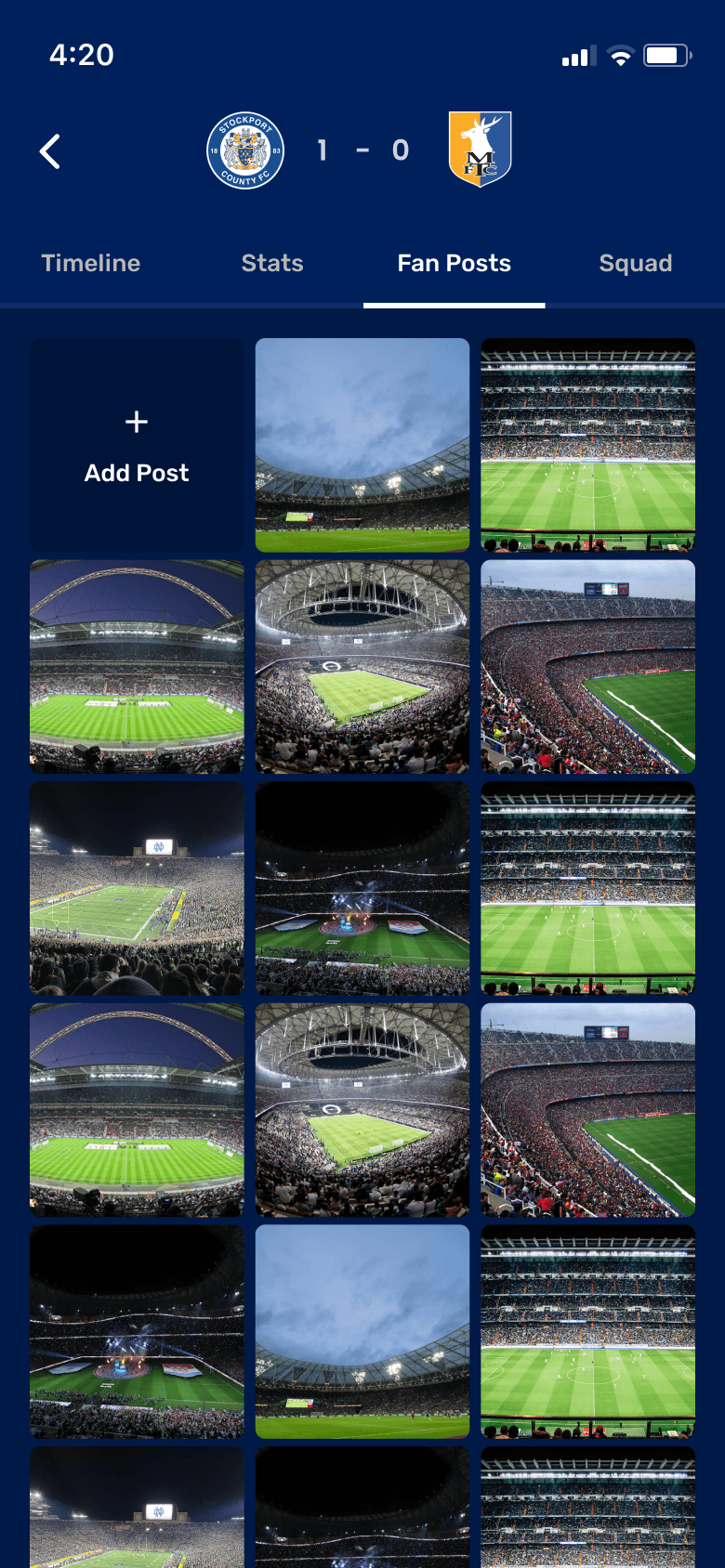 Fan posts screen showing a grid of supporter stadium photos