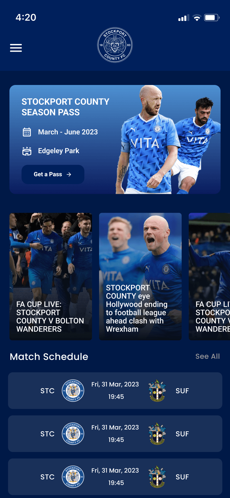 Stockport County app home screen with season pass hero, news stories, and match schedule