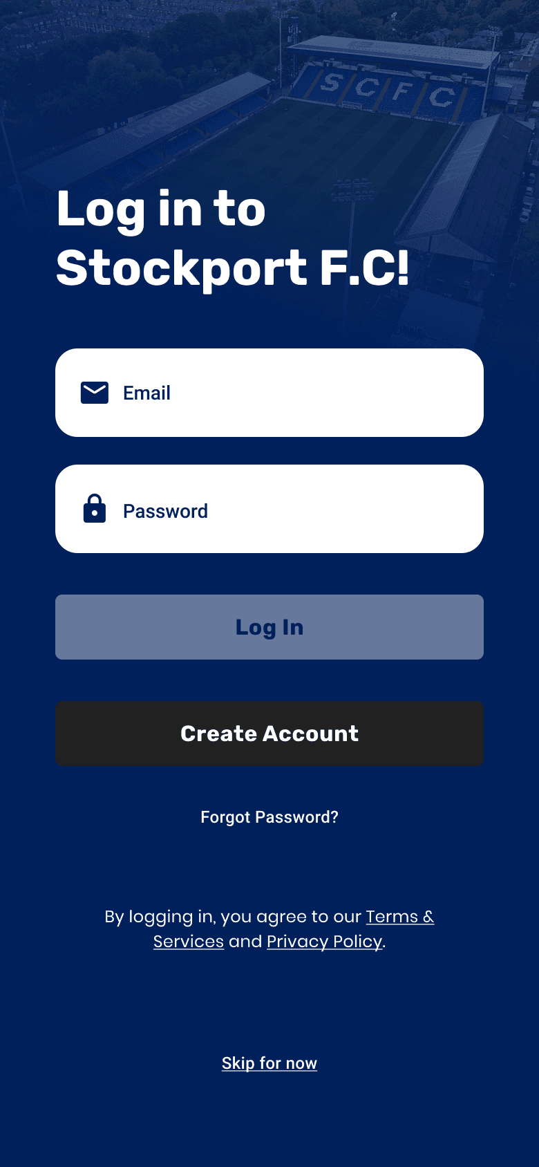 Stockport FC login screen with email, password, create account, forgot password, terms, privacy, and skip options