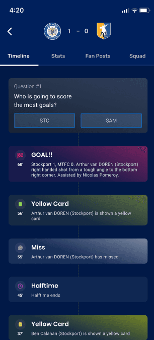 Live match detail screen with timeline, stats, fan posts, and squad tabs