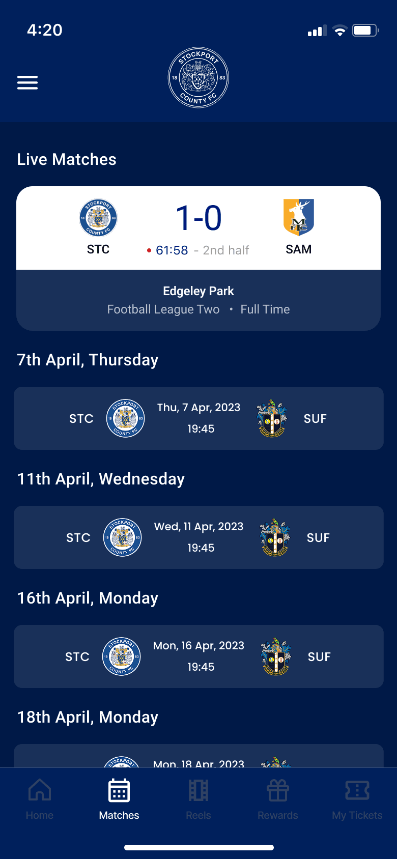Stockport County matches screen with a live score card and upcoming fixtures