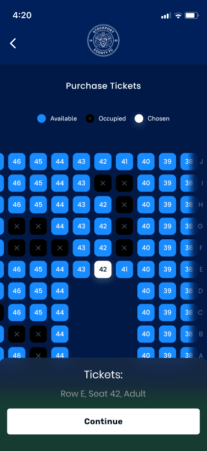 Purchase tickets seat map with row E seat 42 selected and a continue panel