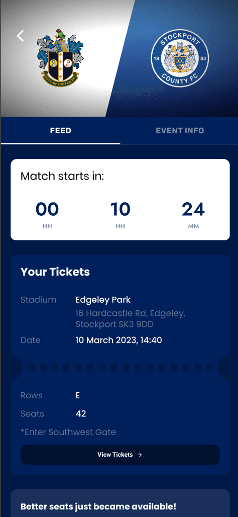 Ticket detail screen with match countdown, stadium address, row and seat details, and view tickets action