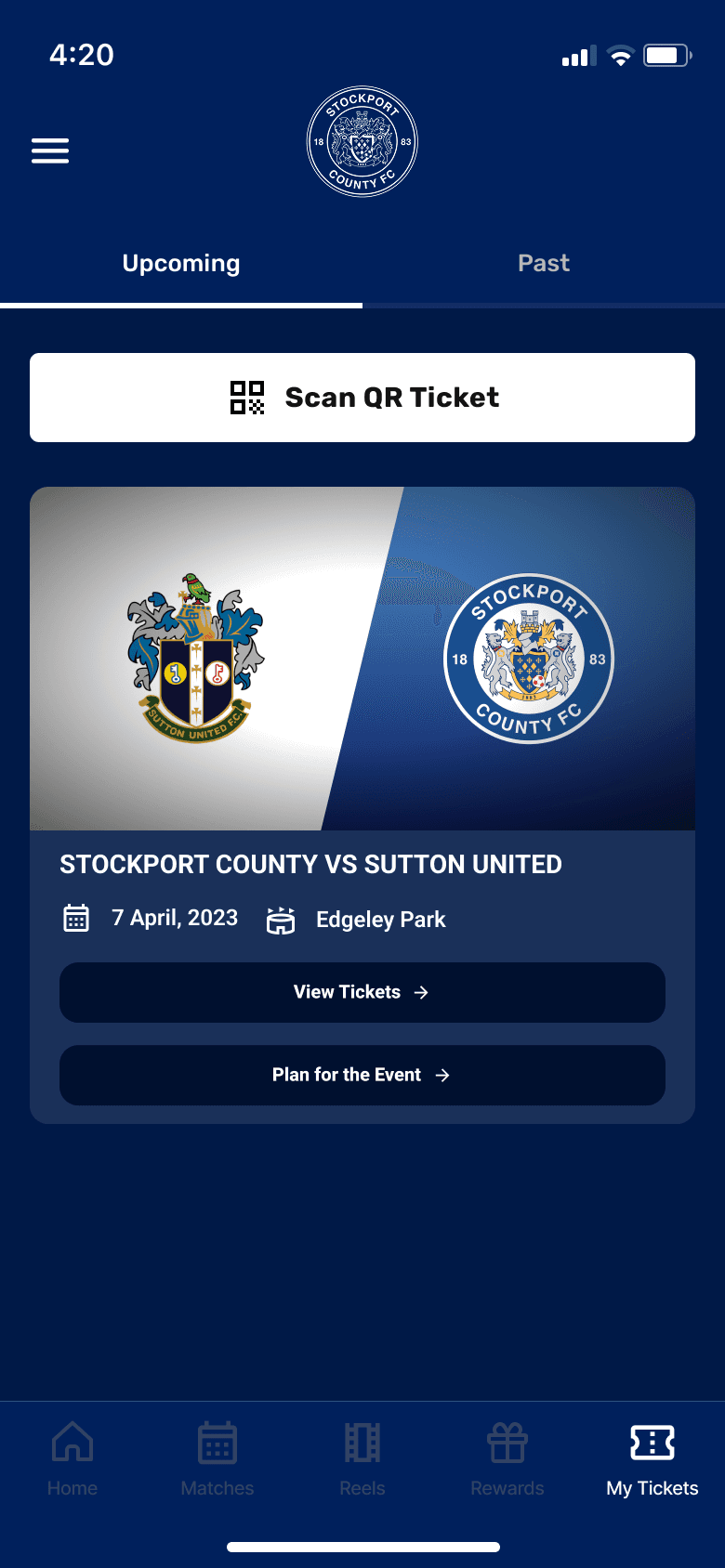 My Tickets screen with QR scan action and an upcoming Stockport County versus Sutton United ticket card