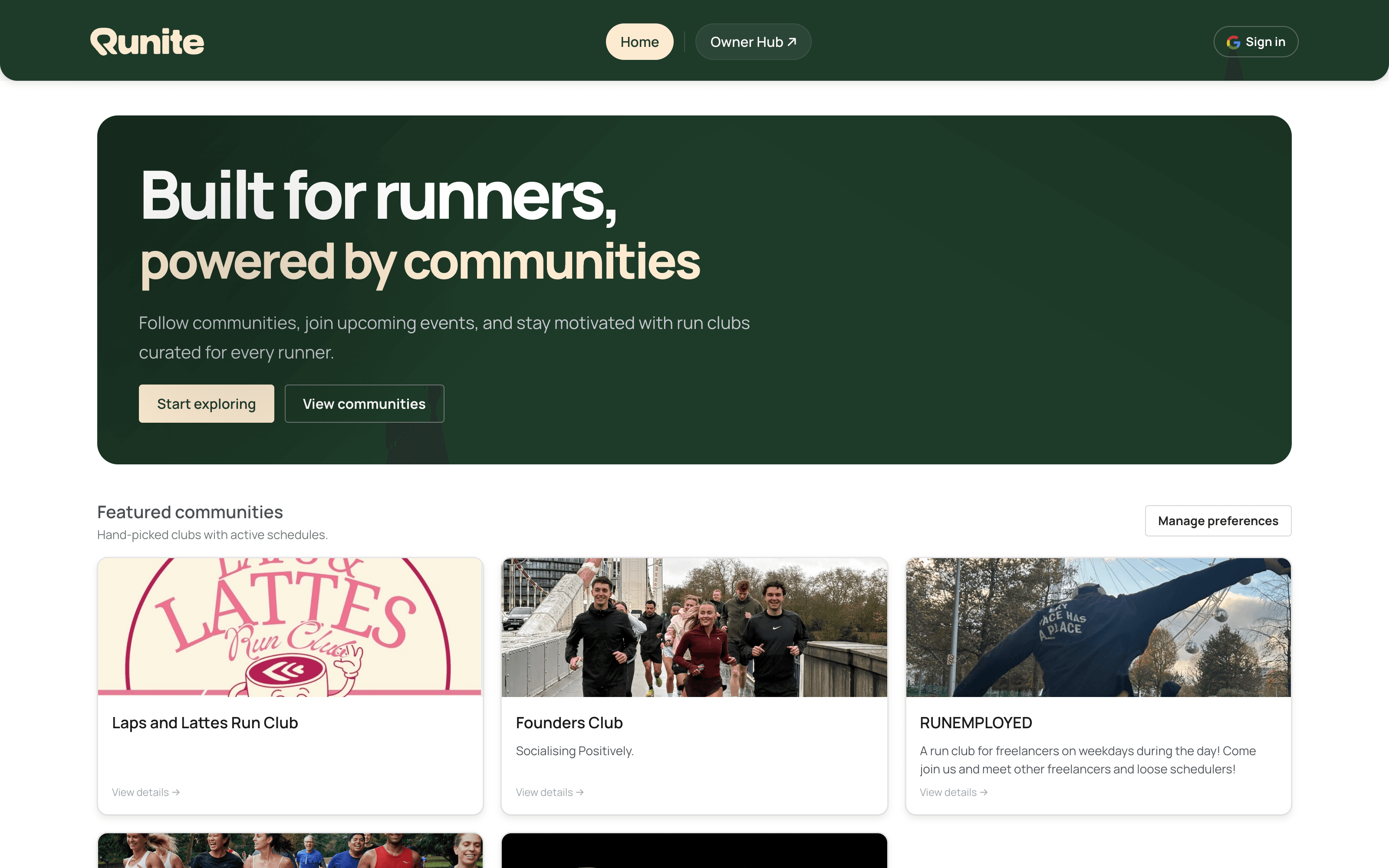 Runite running-community platform showing the owner hub, event discovery, pace information, and booking experience