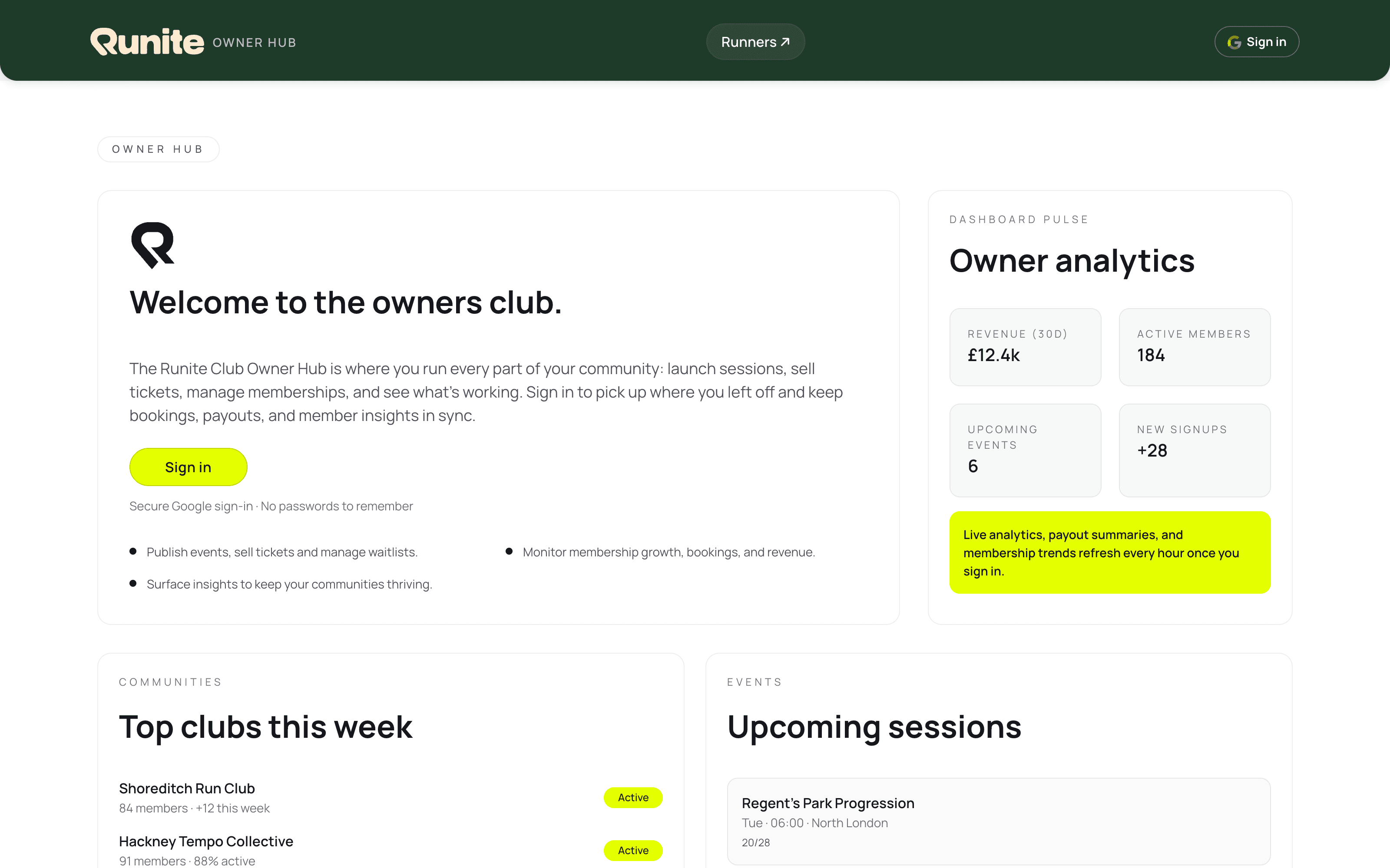 Runite Owner Hub: a leader's communities and events