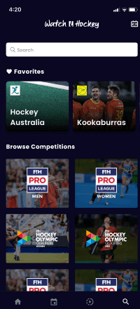 Watch Hockey browse screen with search, favourite teams, competition cards and bottom navigation