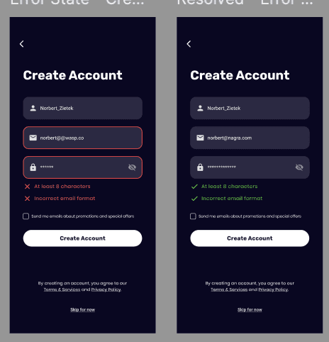 Watch Hockey create-account flow showing validation errors and resolved input states