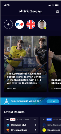Watch Hockey home feed with favourite teams, a featured Kookaburras story, tournament promotion and latest results
