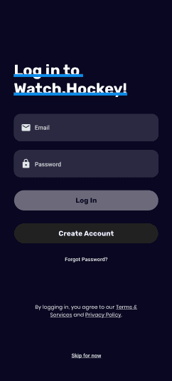 Watch Hockey login screen with email, password, account creation, forgotten password and skip options