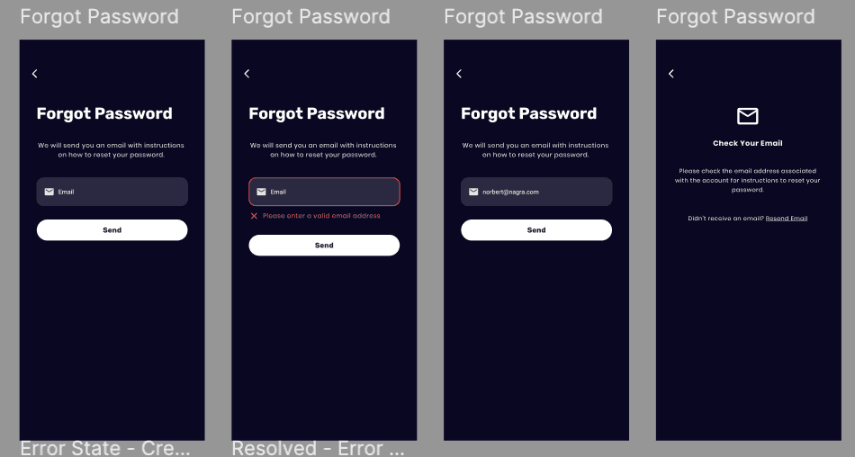 Watch Hockey forgot-password flow showing empty, invalid, resolved, and check-your-email states