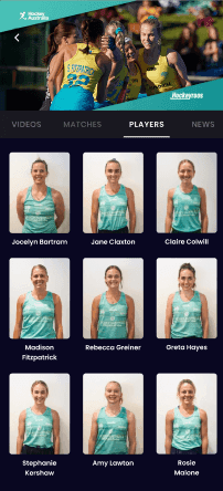 Watch Hockey team page showing the Hockey Australia players tab with player profile cards