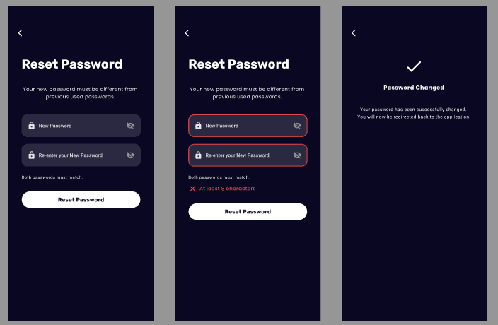 Watch Hockey reset-password flow showing default, error, and password-changed states