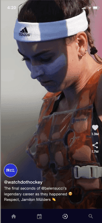 Watch Hockey social video feed showing a hockey player video with likes, comments, caption and bottom navigation