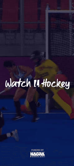 Watch Hockey splash screen over a field-hockey video background with NAGRA Kudelski branding