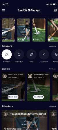 Watch Hockey training screen with video categories, sale modules, and training class cards