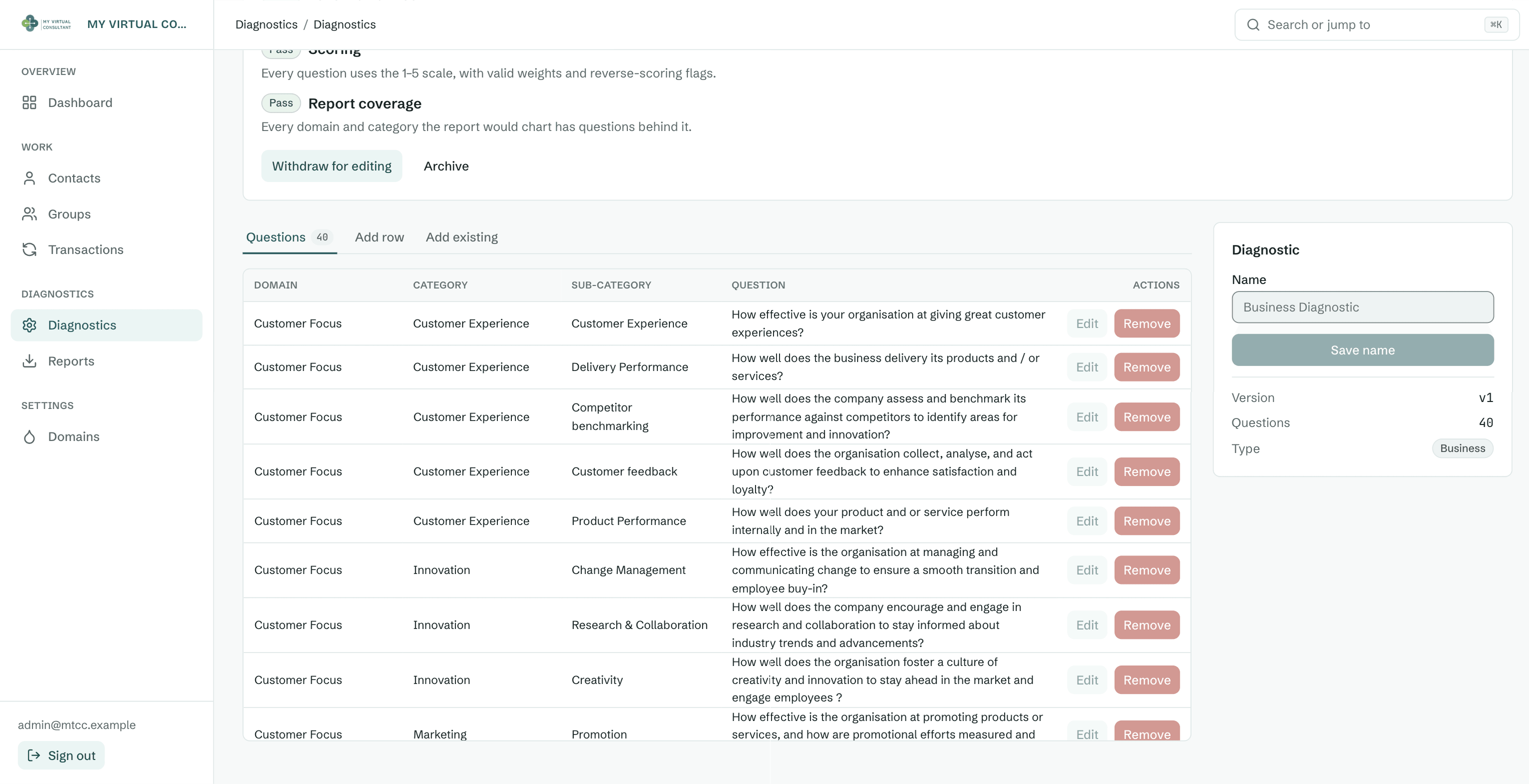 MTCC diagnostic builder showing readiness checks above a question table with domain, category, sub-category and question columns