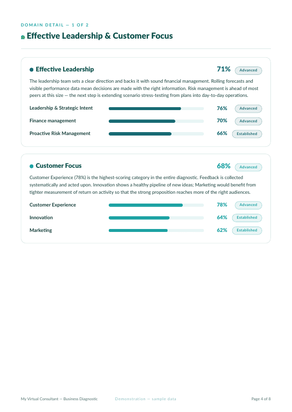 MTCC report domain detail showing category scores, strengths, and areas to focus