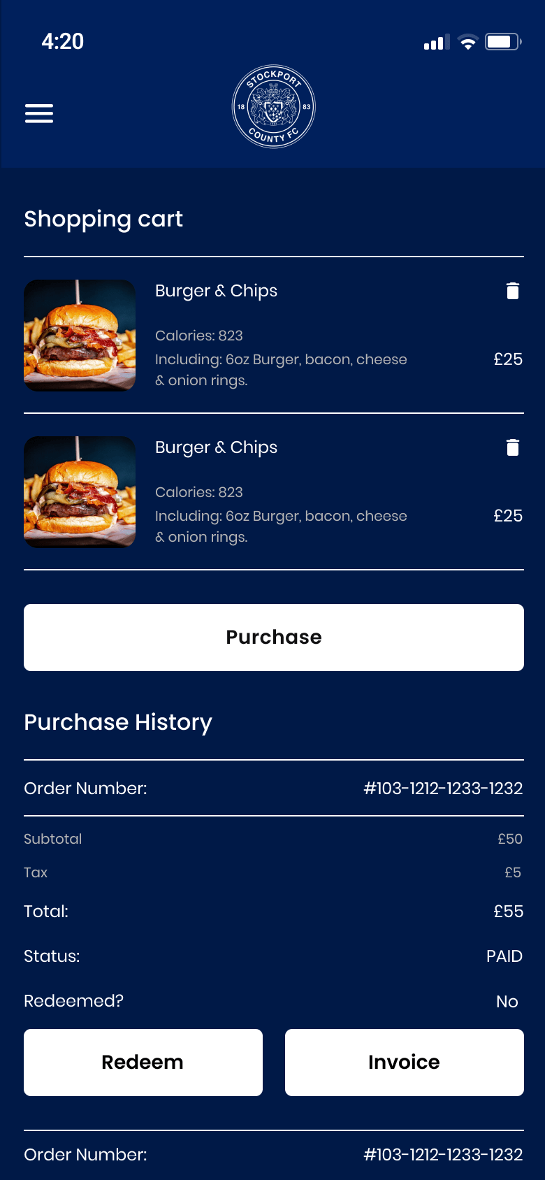 Shopping cart with food items, purchase action, order totals, payment status, redeem, and invoice actions