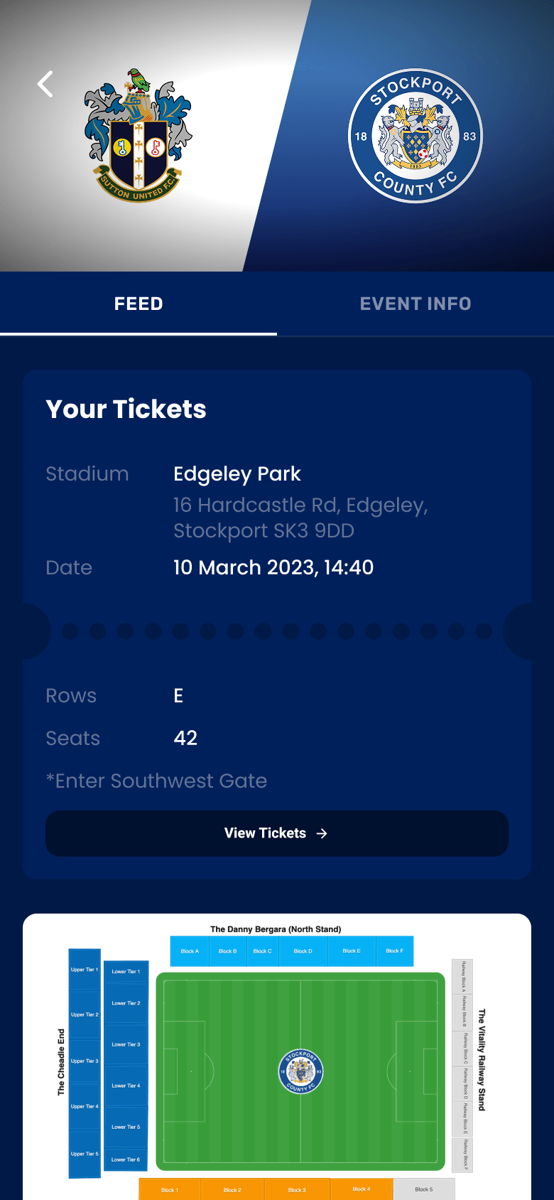 Pre-match event screen with ticket details, seat information, stadium guidance, merchandise, support, and receipt actions