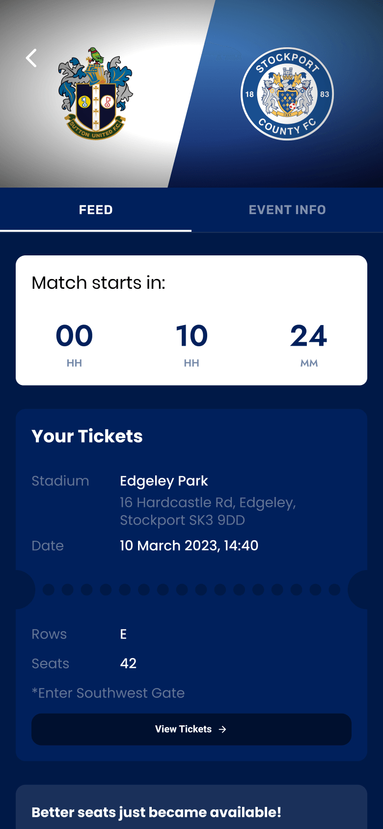 Match portal a few hours before kick-off with a countdown, ticket details, and a better-seats message
