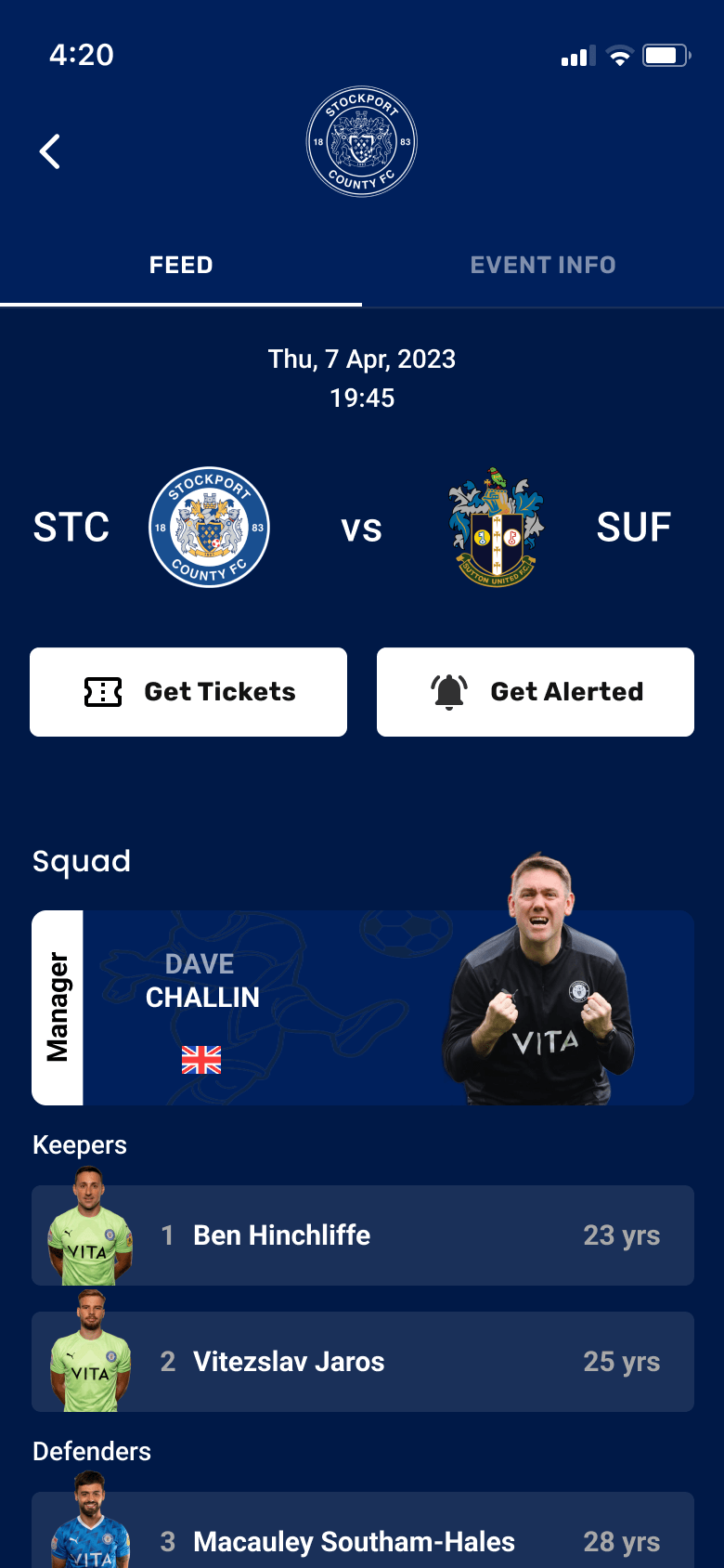 Future fixture screen with match date, team crests, ticket and alert actions, and the squad