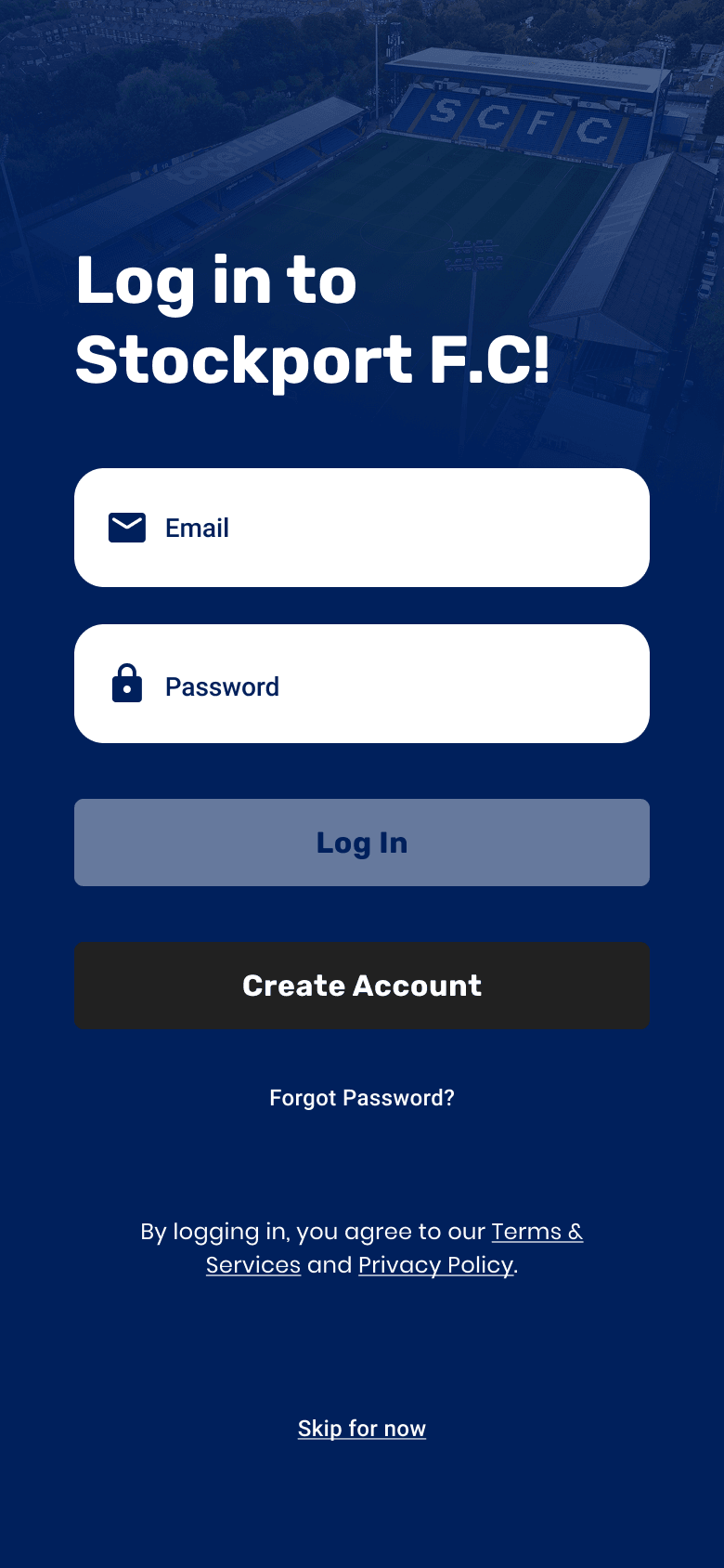 Stockport County concept login screen with email, password, create account, forgot password, terms, privacy, and skip options