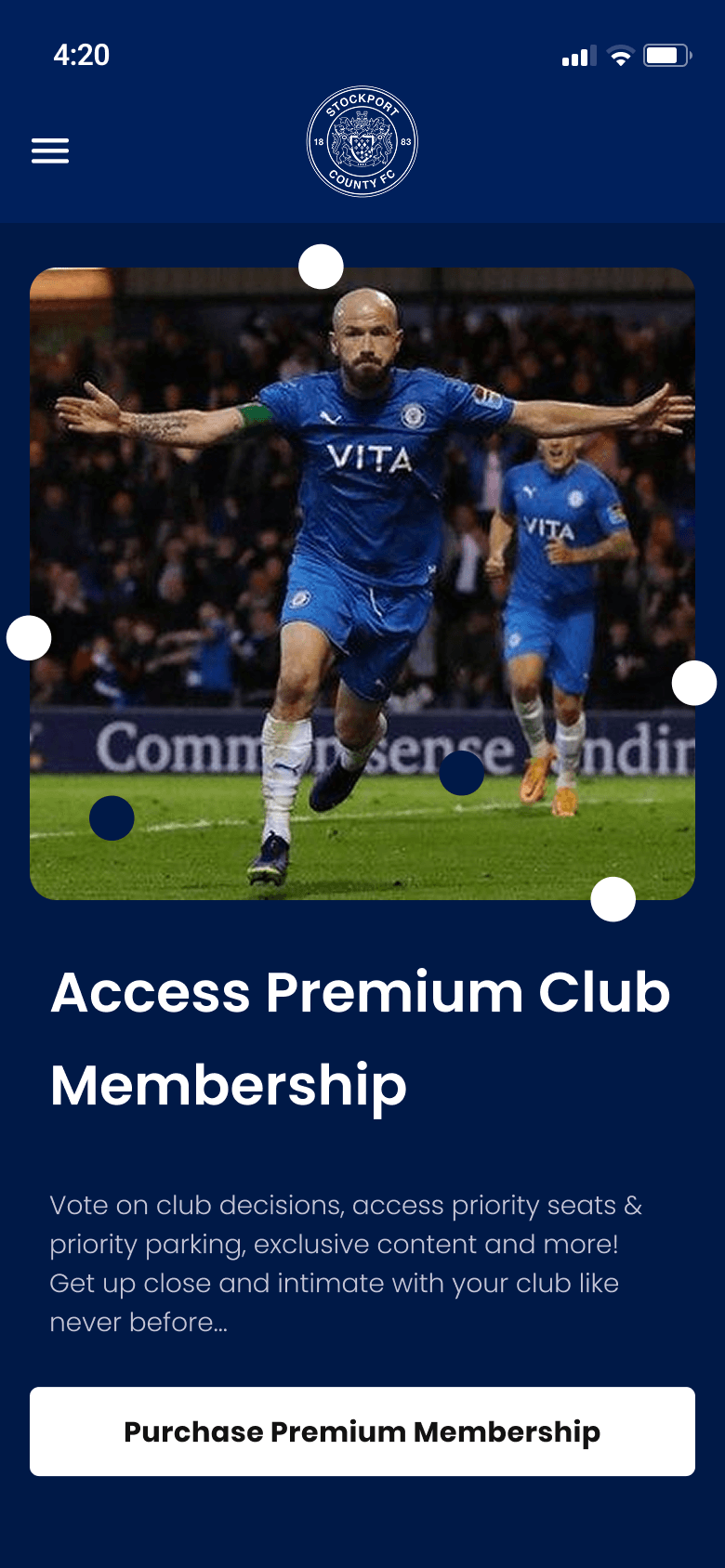 Premium club membership screen with a player image, benefits, and purchase action