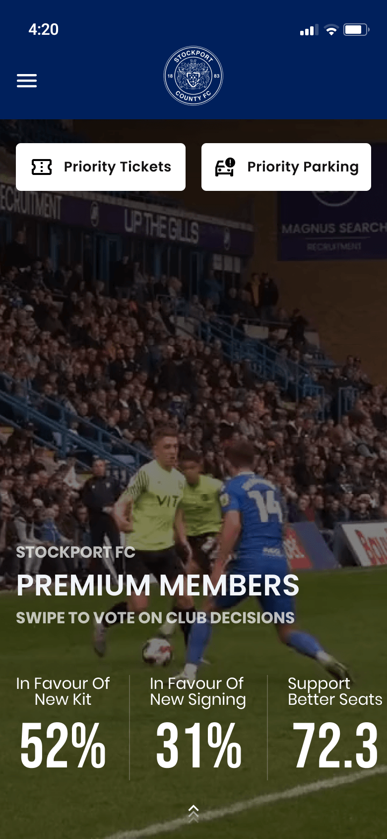 Premium members screen with priority ticket and parking actions plus voting results over match footage