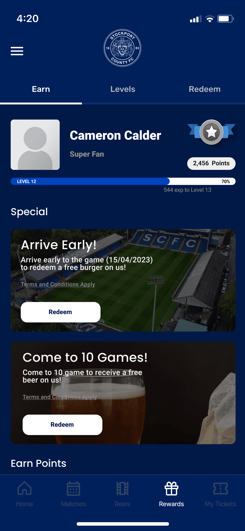 Rewards earn screen with supporter points, progress, and special stadium reward cards