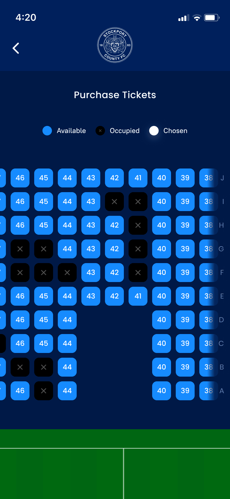 Purchase tickets seat map with available, occupied, and chosen seat legend