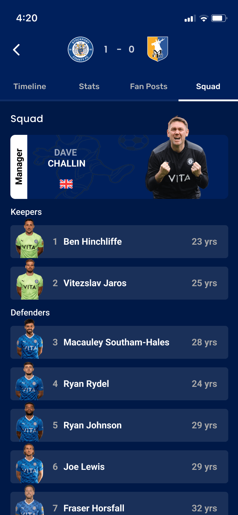 Squad screen showing manager Dave Challinor and player lists by position