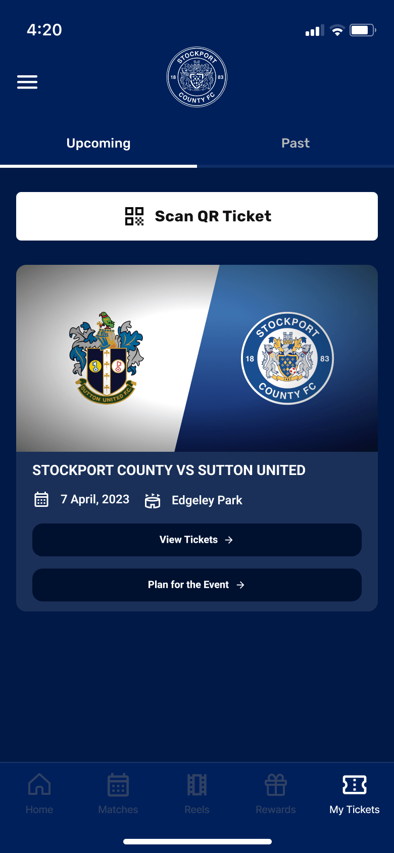 My Tickets screen with QR scan action and an upcoming Stockport County versus Sutton United ticket card