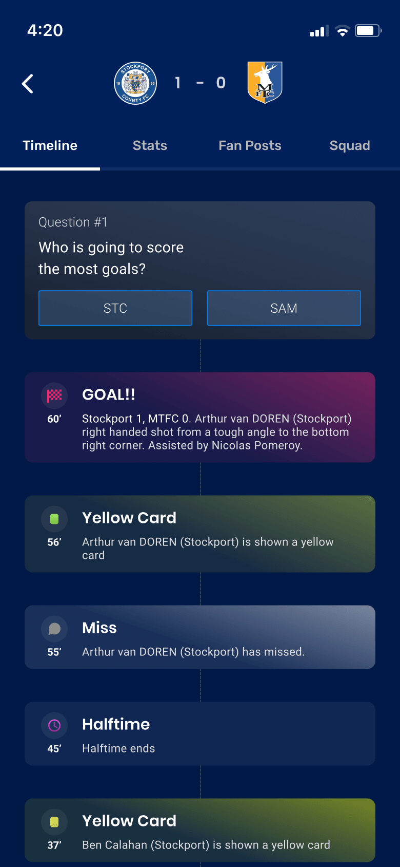 Match timeline showing a supporter question, goal, yellow card, miss, halftime, and event cards