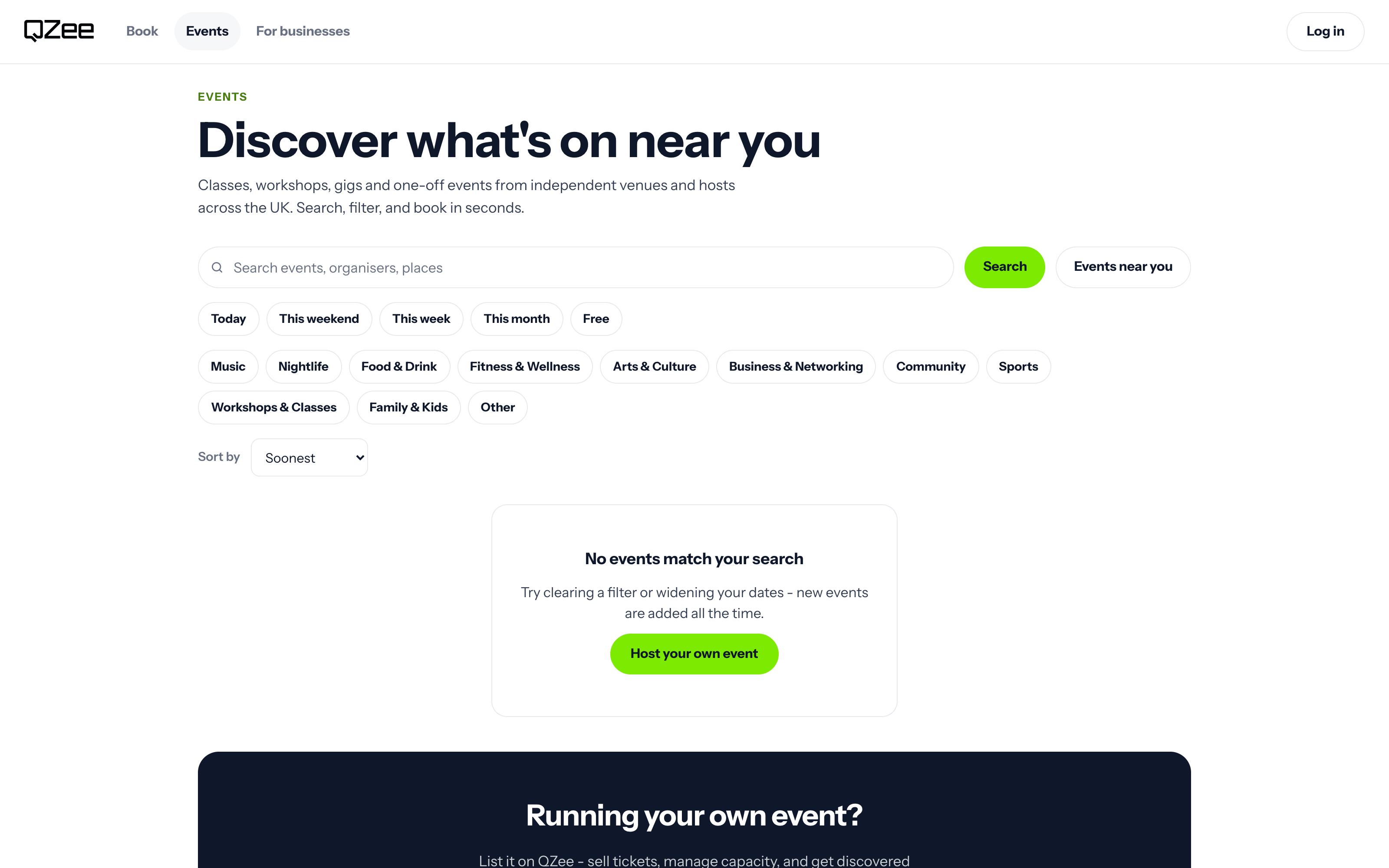 QZee customer events experience with search, dates, categories, and venue-hosted activities