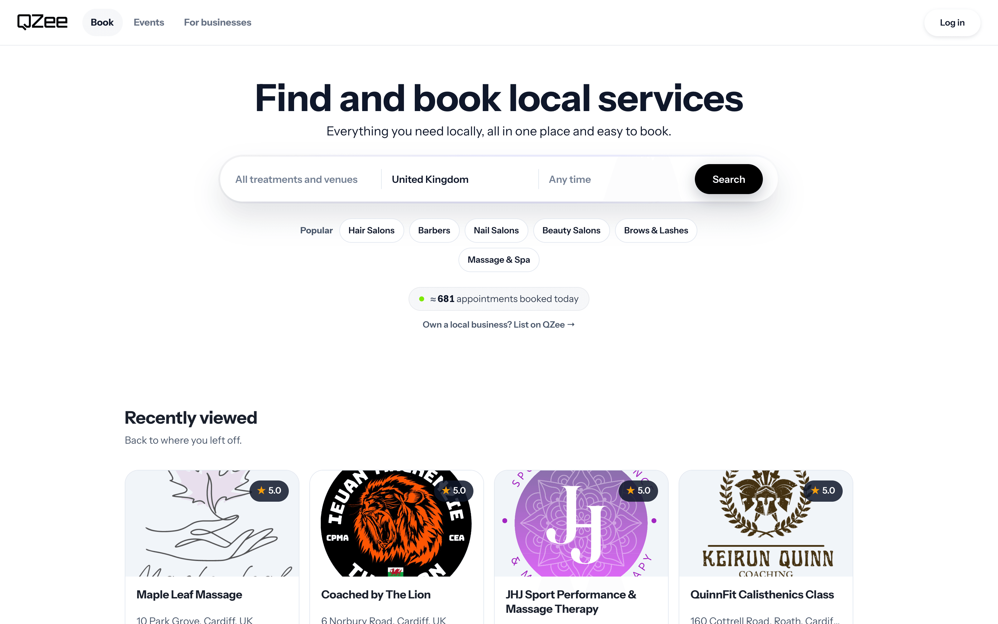 QZee customer booking experience showing a service business and its available booking journey