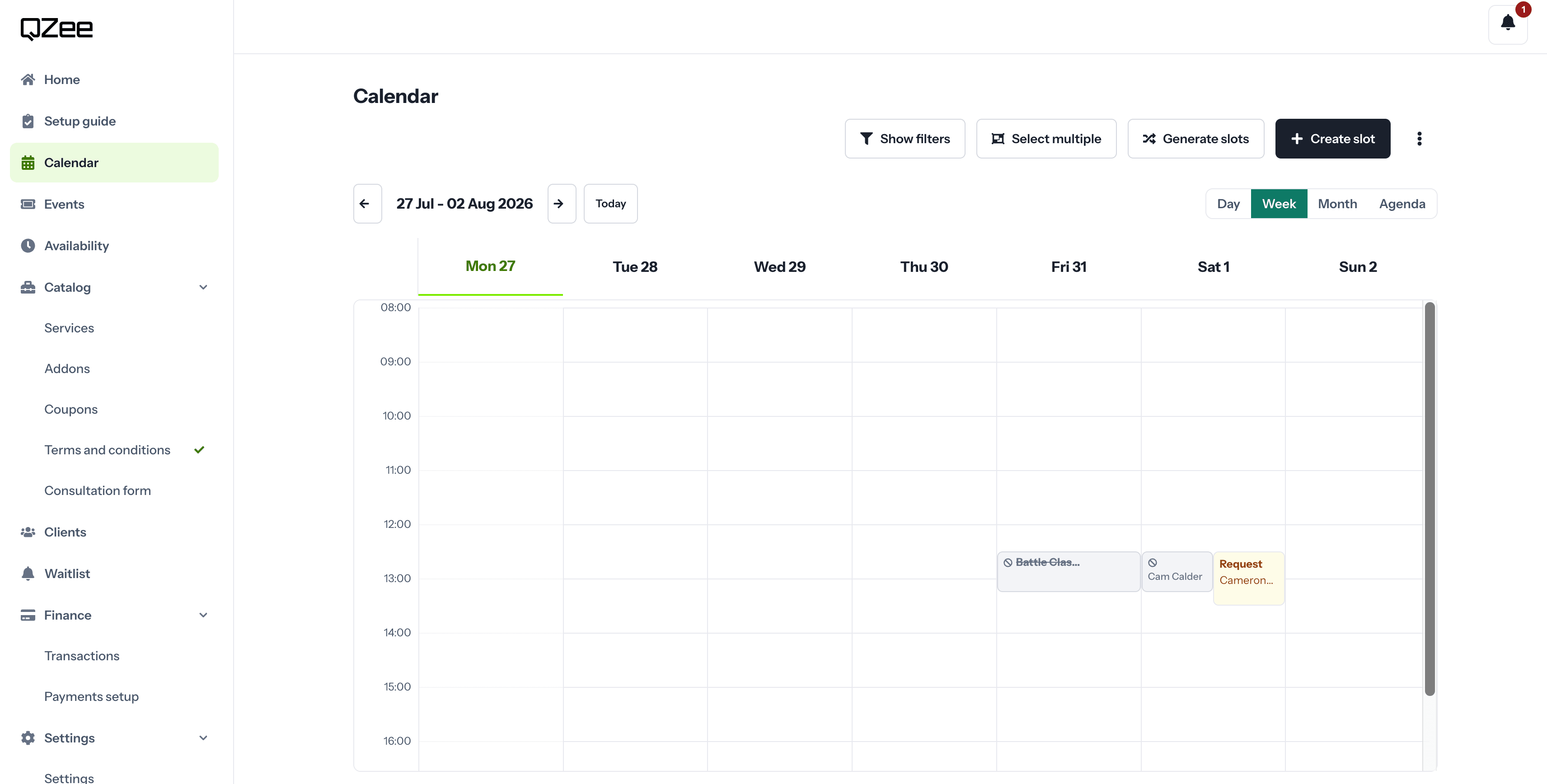 QZee business calendar in week view, showing daily time slots, a booking request, filters, multi-select controls, and slot creation tools