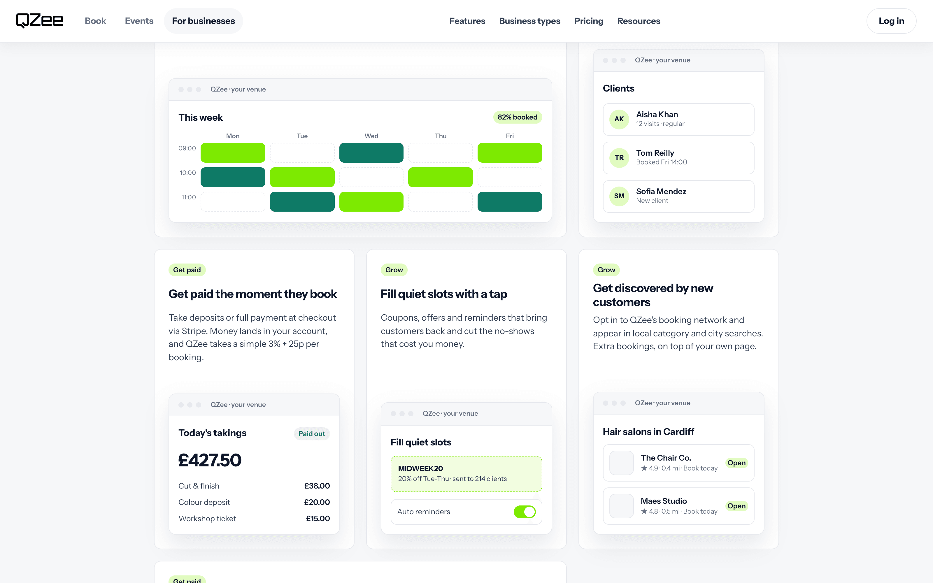 QZee owner management console showing services, calendar, clients, payments, offers, and discovery