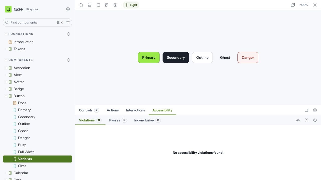 QZee Storybook Button variants with the accessibility panel reporting zero violations and five passed checks for the displayed story